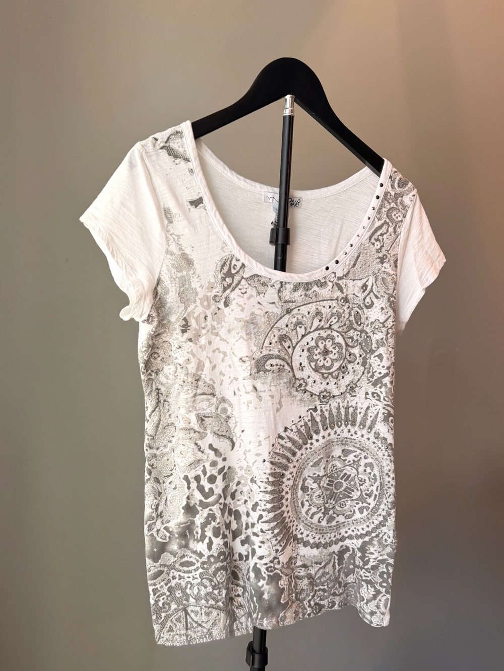 Vintage Y2K RxB Paisley Studded Cotton T-Shirt L Scoop Neck Short Sleeve Bling - Picture 4 of 8